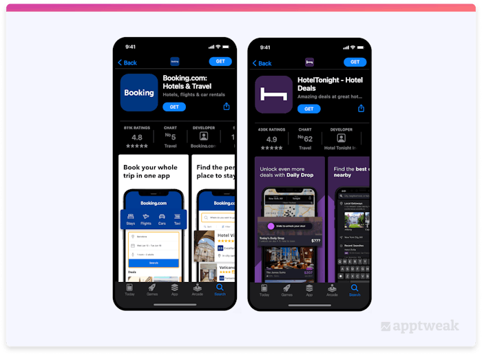 Comparing the app pages of two hotel booking apps in dark mode with AppTweak App Page Preview